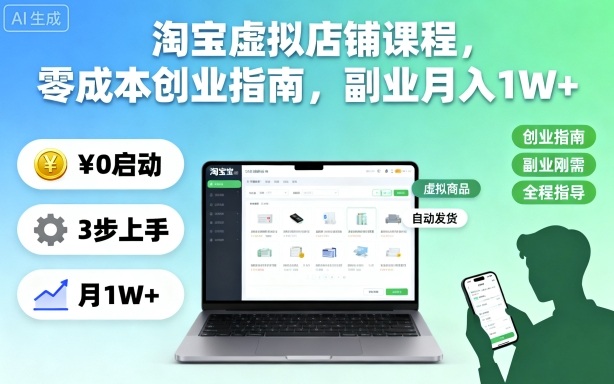 淘宝虚拟店铺课程,零成本创业指南,副业月入1W+-三贰项目网